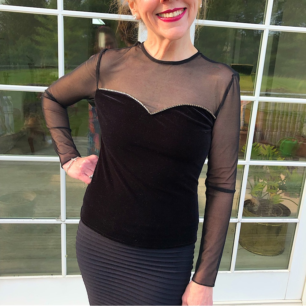 Dana Buchman Mesh, Velvet & Rhinestone Evening Blouse
